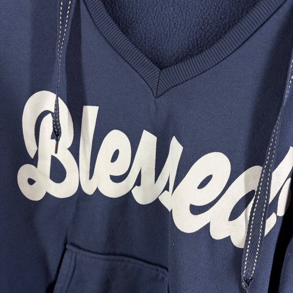 Blessed Navy Blue Hoodie With White Heart Elbow Patches & Kangaroo Pocket Polyes - Picture 3 of 8